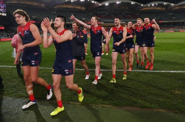 Melbourne thanks their fans as they leave the ground during the AFL First Qualifying Final match between Melbourne Demons and Brisbane Lions at...