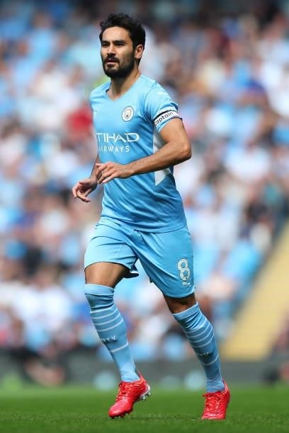 Ilkay Gundogan of Manchester City runs on during the Premier League match between Manchester City and Arsenal at Etihad Stadium on August 28, 2021 in...