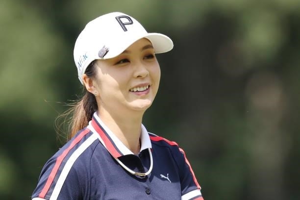 Erika Kikuchi of Japan smiles during the third round of the Nitori Ladies at Otaru Country Club on August 28, 2021 in Otaru, Hokkaido, Japan.