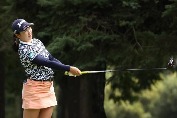 Sakura Koiwai of Japan hits her tee shot on the 6th hole during the third round of the Nitori Ladies at Otaru Country Club on August 28, 2021 in...