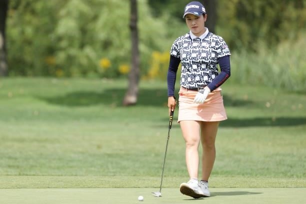 Sakura Koiwai of Japan putts on the 5th hole during the third round of the Nitori Ladies at Otaru Country Club on August 28, 2021 in Otaru, Hokkaido,...