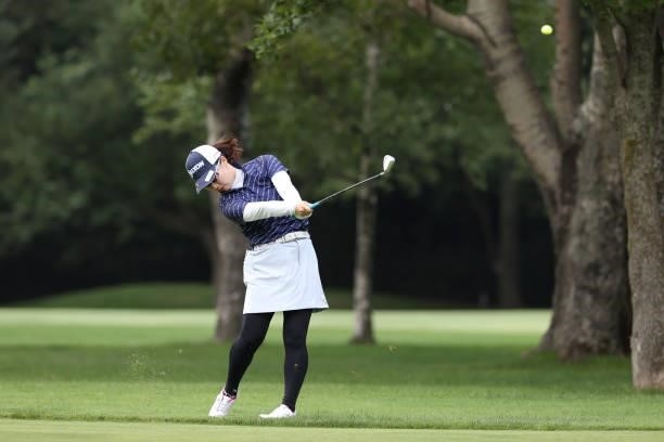 Asuka Ishikawa of Japan hits her second shot on the 5th hole during the third round of the Nitori Ladies at Otaru Country Club on August 28, 2021 in...