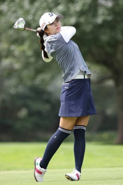 Kotone Hori of Japan hits her tee shot on the 5th hole during the third round of the Nitori Ladies at Otaru Country Club on August 28, 2021 in Otaru,...