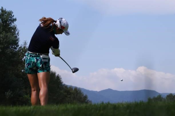 Rei Matsuda of Japan hits her tee shot on the 6th hole during the third round of the Nitori Ladies at Otaru Country Club on August 28, 2021 in Otaru,...