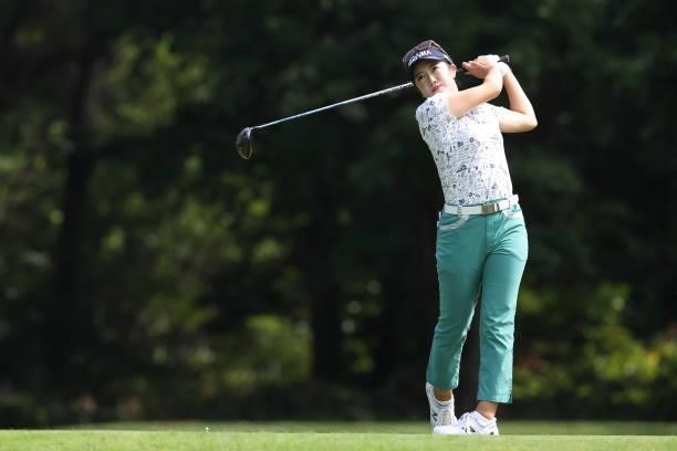 Nanoko Hayashi of Japan hits her tee shot on the 3rd hole during the third round of the Nitori Ladies at Otaru Country Club on August 28, 2021 in...