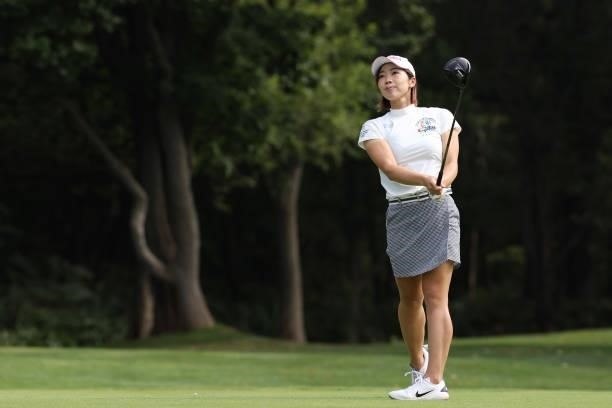 Rumi Yoshiba of Japan hits her tee shot on the 3rd hole during the third round of the Nitori Ladies at Otaru Country Club on August 28, 2021 in...