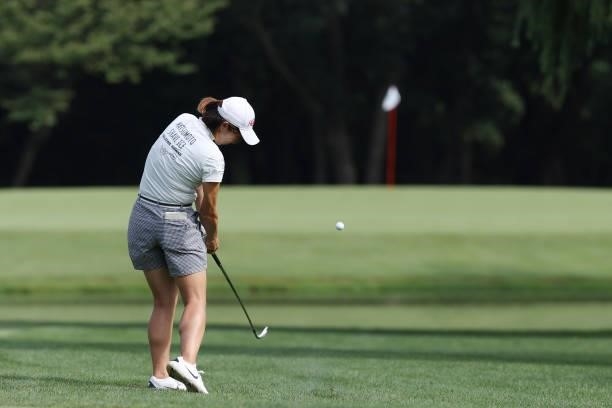 Rumi Yoshiba of Japan hits her second shot on the 2nd hole during the third round of the Nitori Ladies at Otaru Country Club on August 28, 2021 in...