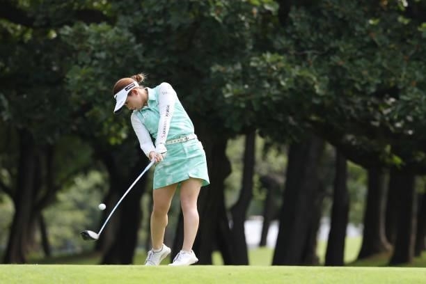 Hikaru Yoshimoto of Japan hits her tee shot on the 3rd hole during the third round of the Nitori Ladies at Otaru Country Club on August 28, 2021 in...