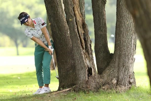 Nanoko Hayashi of Japan hits her third shot on the 3rd hole during the third round of the Nitori Ladies at Otaru Country Club on August 28, 2021 in...