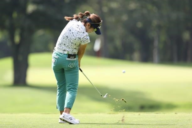 Nanoko Hayashi of Japan hits her tee shot on the 4th hole during the third round of the Nitori Ladies at Otaru Country Club on August 28, 2021 in...