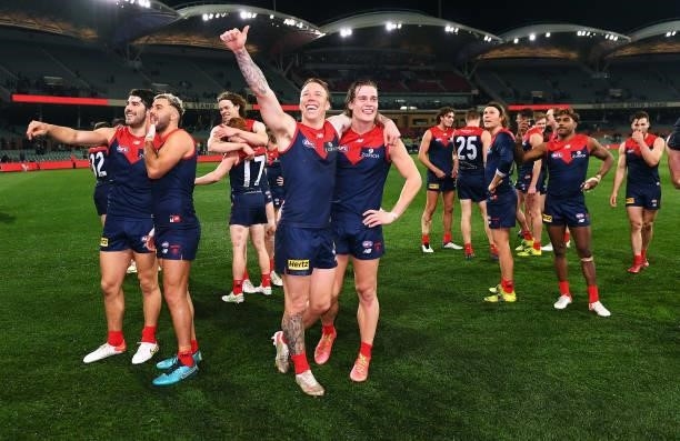 Melbourne thank their fans after winning the AFL First Qualifying Final match between Melbourne Demons and Brisbane Lions at Adelaide Oval on August...
