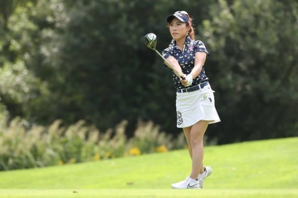 Ayako Kimura of Japan hits her tee shot on the 2nd hole during the third round of the Nitori Ladies at Otaru Country Club on August 28, 2021 in...