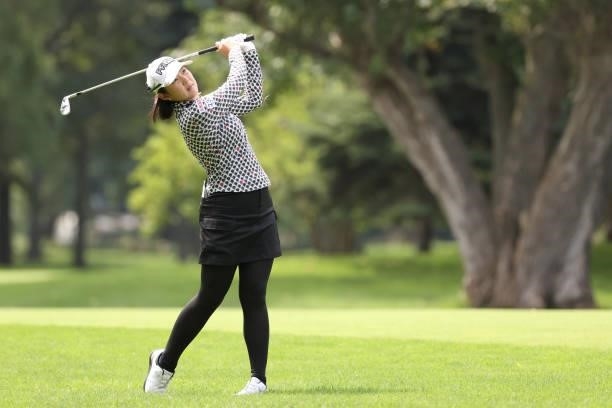 Rie Tsuji of Japan hits her second shot on the 2nd hole during the third round of the Nitori Ladies at Otaru Country Club on August 28, 2021 in...