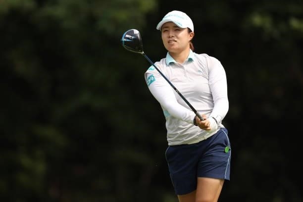 Saki Nagamine of Japan hits her tee shot on the 3rd hole during the third round of the Nitori Ladies at Otaru Country Club on August 28, 2021 in...