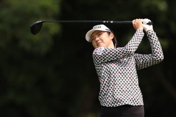 Rie Tsuji of Japan hits her tee shot on the 3rd hole during the third round of the Nitori Ladies at Otaru Country Club on August 28, 2021 in Otaru,...