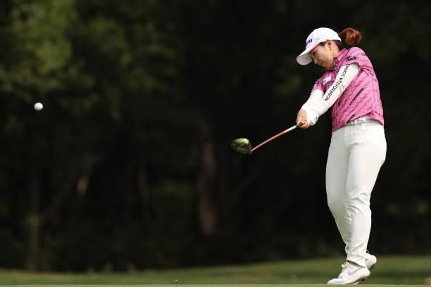 Ritsuiko Ryu of Japan hits her tee shot on the 3rd hole during the third round of the Nitori Ladies at Otaru Country Club on August 28, 2021 in...