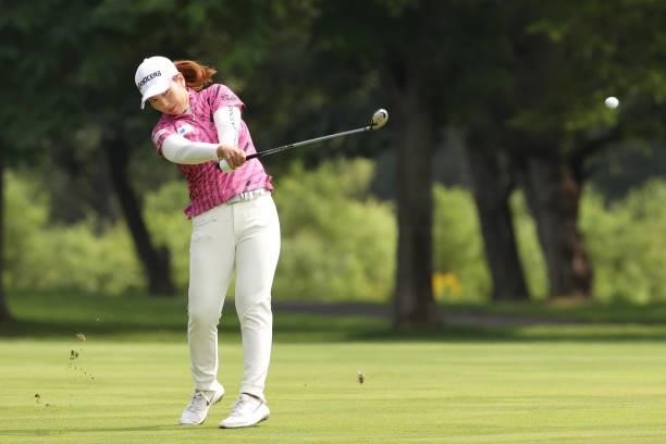 Ritsuiko Ryu of Japan hits her third shot on the 3rd hole during the third round of the Nitori Ladies at Otaru Country Club on August 28, 2021 in...