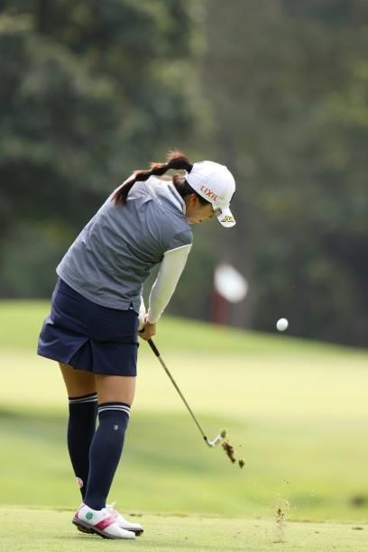 Kotone Hori of Japan hits her tee shot on the 4th hole during the third round of the Nitori Ladies at Otaru Country Club on August 28, 2021 in Otaru,...