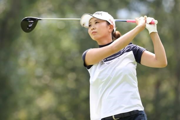 Shina Kanazawa of Japan hits her tee shot on the 5th hole during the third round of the Nitori Ladies at Otaru Country Club on August 28, 2021 in...