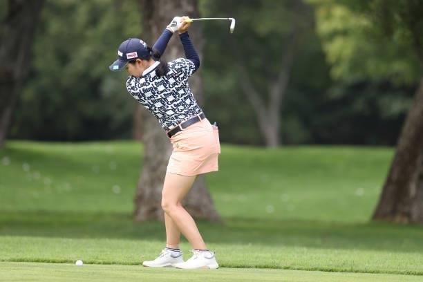 Sakura Koiwai of Japan hits her second shot on the 5th hole during the third round of the Nitori Ladies at Otaru Country Club on August 28, 2021 in...