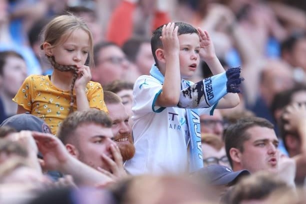 Fan of Manchester City reacts during the Premier League match between Manchester City and Arsenal at Etihad Stadium on August 28, 2021 in Manchester,...
