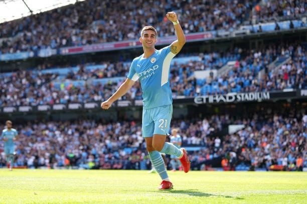 Ferran Torres of Manchester City celebrates after scoring their sides fifth goal during the Premier League match between Manchester City and Arsenal...