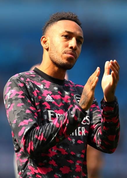 Pierre-Emerick Aubameyang of Arsenal interacts with the crowd following the Premier League match between Manchester City and Arsenal at Etihad...