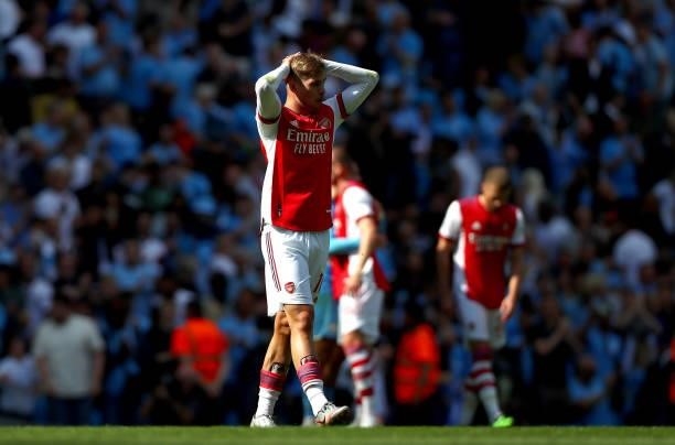 Emile Smith Rowe of Arsenal reacts after the Premier League match between Manchester City and Arsenal at Etihad Stadium on August 28, 2021 in...