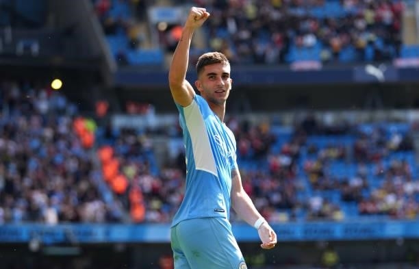 Ferran Torres of Manchester City celebrates after scoring their sides fifth goal during the Premier League match between Manchester City and Arsenal...