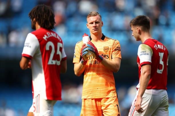 Bernd Leno of Arsenal interacts with the crowd during the Premier League match between Manchester City and Arsenal at Etihad Stadium on August 28,...
