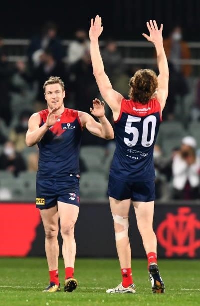 Ben Brown of the Demons celebrates then final siren with Tom McDonald of the Demons during the AFL First Qualifying Final match between Melbourne...