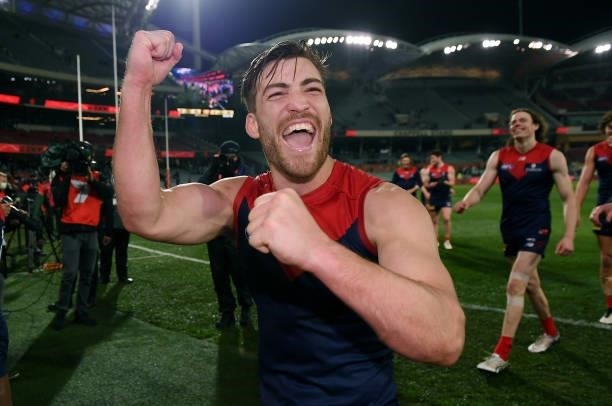 Michael Hibberd of the Demons celebrates the win during the AFL First Qualifying Final match between Melbourne Demons and Brisbane Lions at Adelaide...