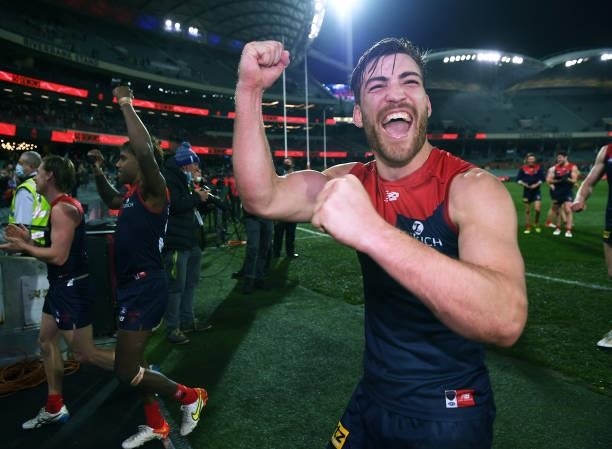 Michael Hibberd of the Demons celebrates the win during the AFL First Qualifying Final match between Melbourne Demons and Brisbane Lions at Adelaide...