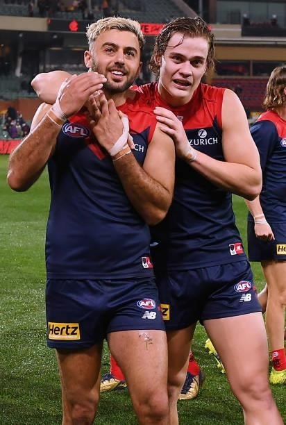 Christian Salem of the Demons and Trent Rivers of the Demons celebrate the win during the AFL First Qualifying Final match between Melbourne Demons...