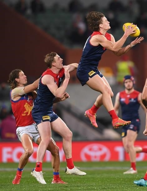 Trent Rivers of the Demons marks during the AFL First Qualifying Final match between Melbourne Demons and Brisbane Lions at Adelaide Oval on August...