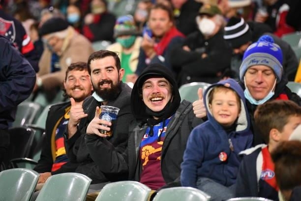Brisbane fans during the AFL First Qualifying Final match between Melbourne Demons and Brisbane Lions at Adelaide Oval on August 28, 2021 in...