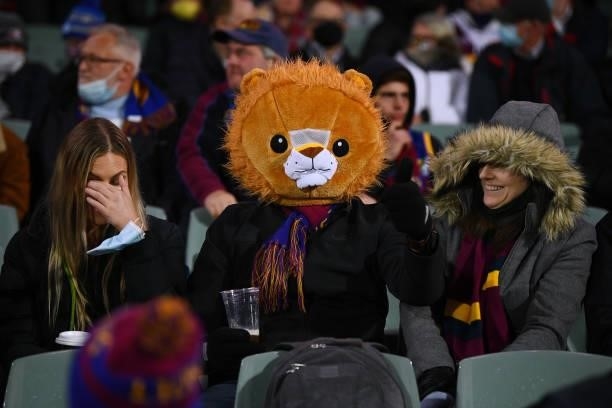 Lions fans during the AFL First Qualifying Final match between Melbourne Demons and Brisbane Lions at Adelaide Oval on August 28, 2021 in Adelaide,...