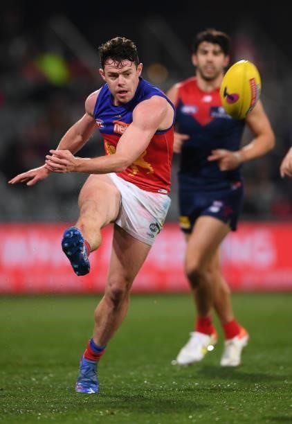 Lachie Neale of the Lions kicks during the AFL First Qualifying Final match between Melbourne Demons and Brisbane Lions at Adelaide Oval on August...