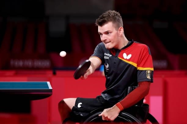 Thomas Schmidberger of Team Germany competes against Panfeng Feng of Team China during the Table Tennis Men's Singles Class 3 Gold Medal Match on day...