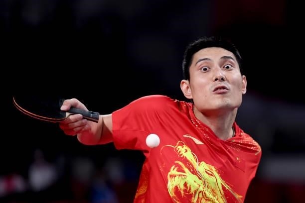 Panfeng Feng of Team China competes against Thomas Schmidberger of Team Germany during the Table Tennis Men's Singles Class 3 Gold Medal Match on day...