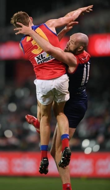 Harris Andrews of the Lions collides with Max Gawn of the Demons during the AFL First Qualifying Final match between Melbourne Demons and Brisbane...