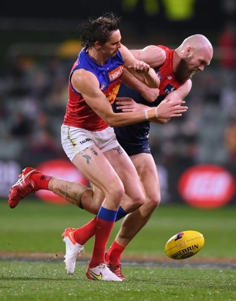 Joe Daniher of the Lions competes for the ball against Max Gawn of the Demons during the AFL First Qualifying Final match between Melbourne Demons...