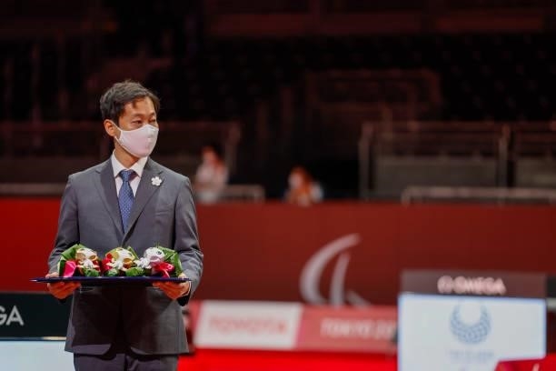 Atsuo Mori of Airbnb Leadership Japan during the awards ceremony at the women's wheelchair fencing on day 4 of the Tokyo 2020 Paralympic Games at...
