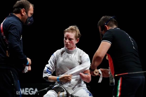 Beatrice Vio of Team Italy takes a break during the in the women's wheelchair fencing foil individual category B Gold medal event against Zhou...