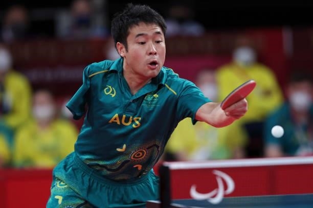 Lin Ma of Team Australia competes against Laurens Devos of Team Belgium during the Table Tennis Men's Singles - Class 9 Gold Medal Match on day 4 of...
