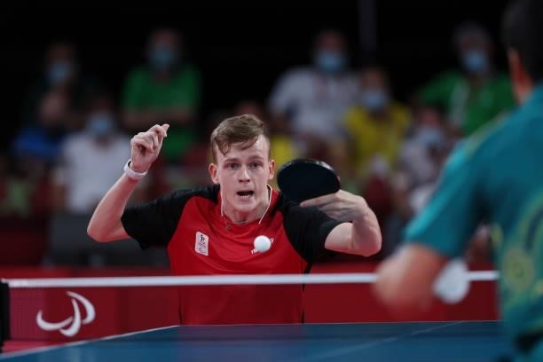 Laurens Devos of Team Belgium competes against Lin Ma of Team Australia during the Table Tennis Men's Singles - Class 9 Gold Medal Match on day 4 of...