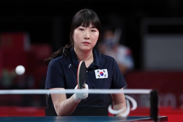Su Yeon Seo of Team Republic of Korea competes against Jing Liu of Team China during the Table Tennis Women's Singles - Classes 1-2 Gold Medal Match...