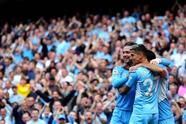 Ilkay Gundogan of Manchester City celebrates scoring his teams first goal during the Premier League match between Manchester City and Arsenal at...