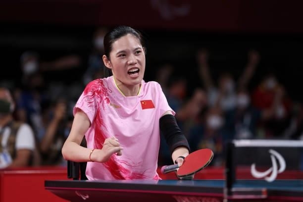 Jing Liu of Team China competes against Su Yeon Seo of Team Republic of Korea during the Table Tennis Women's Singles - Classes 1-2 Gold Medal Match...