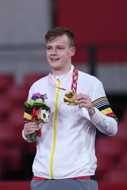 Gold medalist Laurens Devos of Team Belgium reacts during the medal ceremony after the Table Tennis Men's Singles Class 3 Gold Medal Match against...